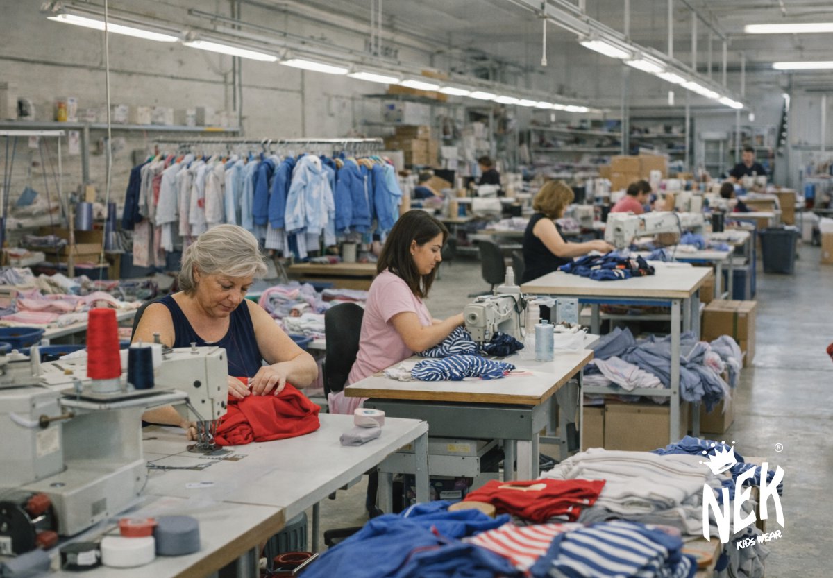 Διαδικασία ραφής παιδικών ενδυμάτων στη βιοτεχνία της NEK Kidswear με έμφαση στη λεπτομέρεια και την ποιότητα.